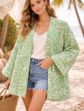 Cotton Kimono Jacket Green White Floral Boho Anthro-Style  Size S/M